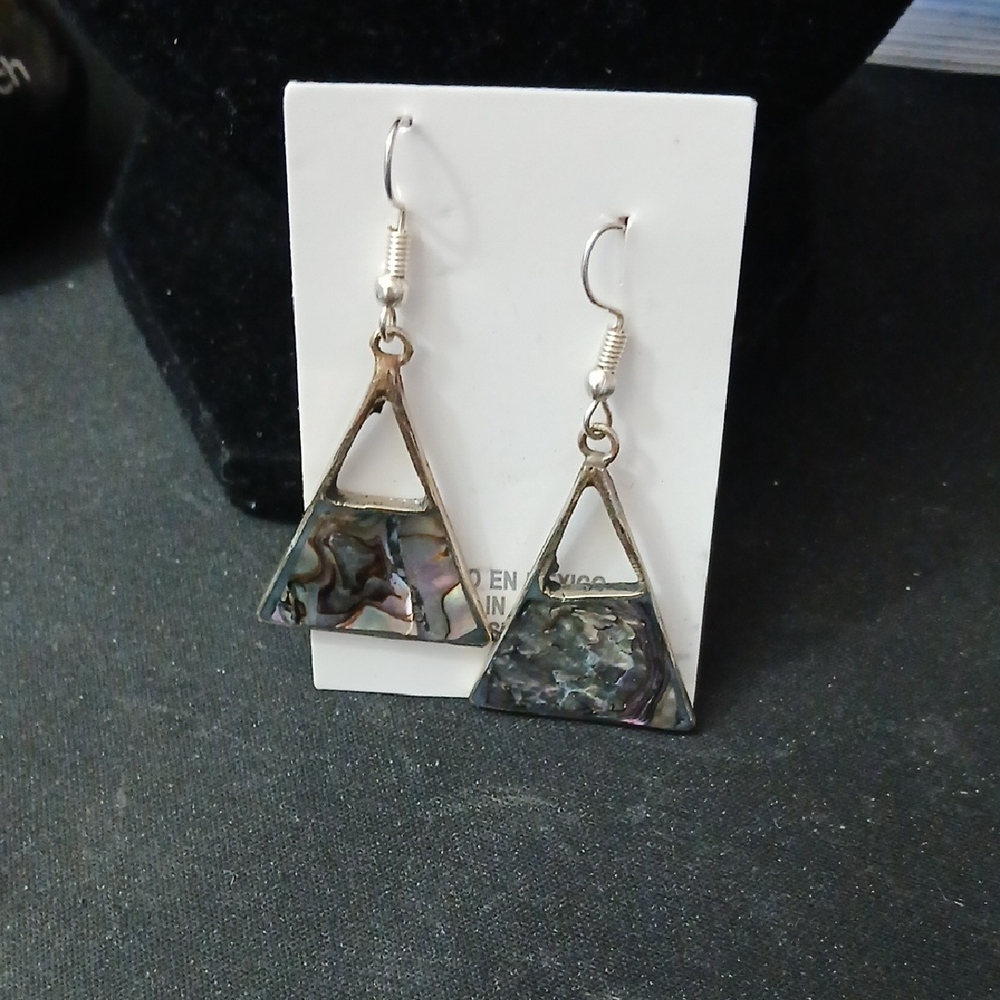 Silver Tone and Abalone Triangle Drop Earrings